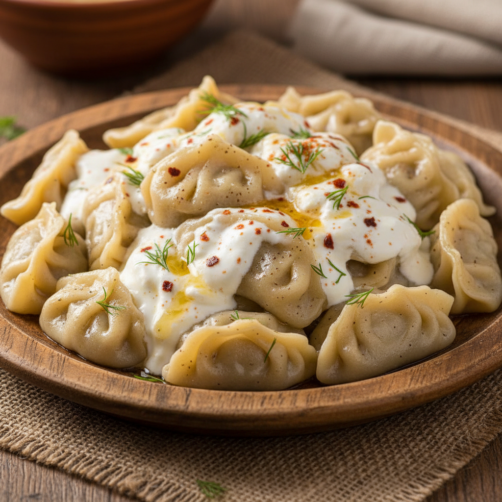 Tower of steamed manti dumplings with yogurt and paprika oil