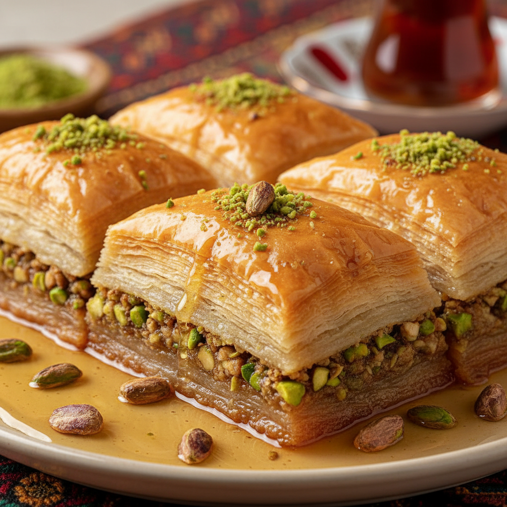Golden baklava pieces with pistachios and honey glaze on dark plate, Middle Eastern dessert