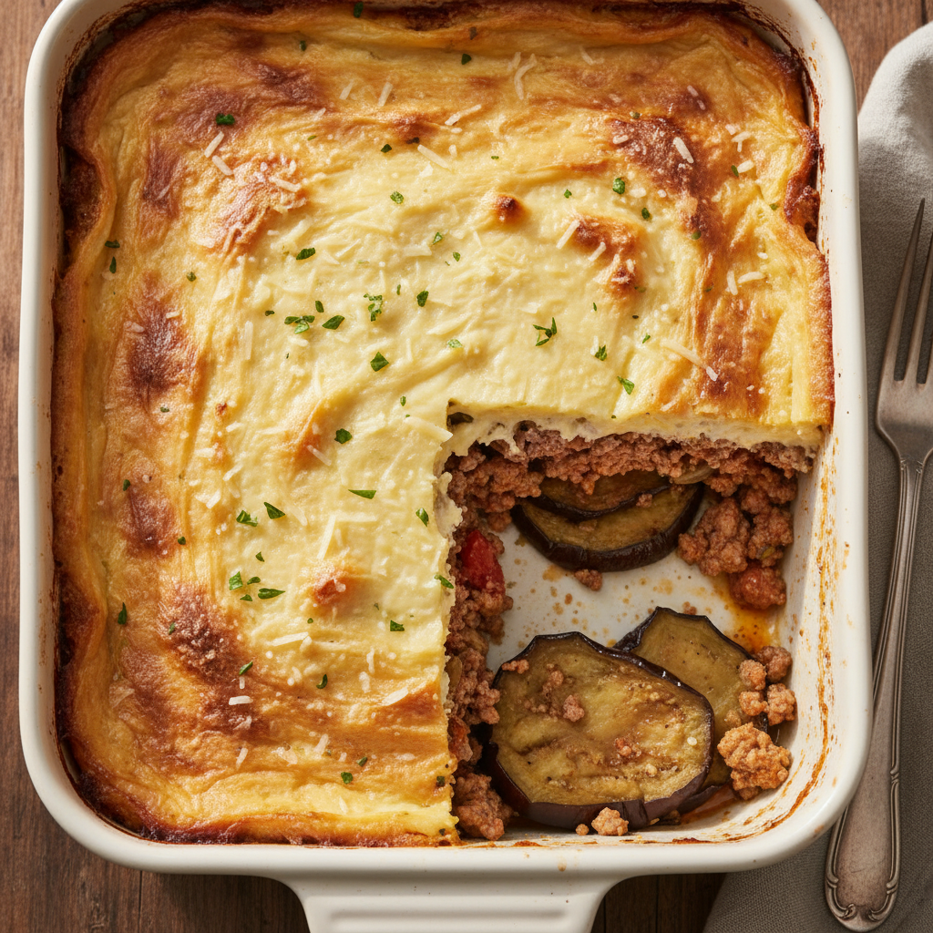 Pastitsio Greek baked pasta with cinnamon lamb and béchamel crust