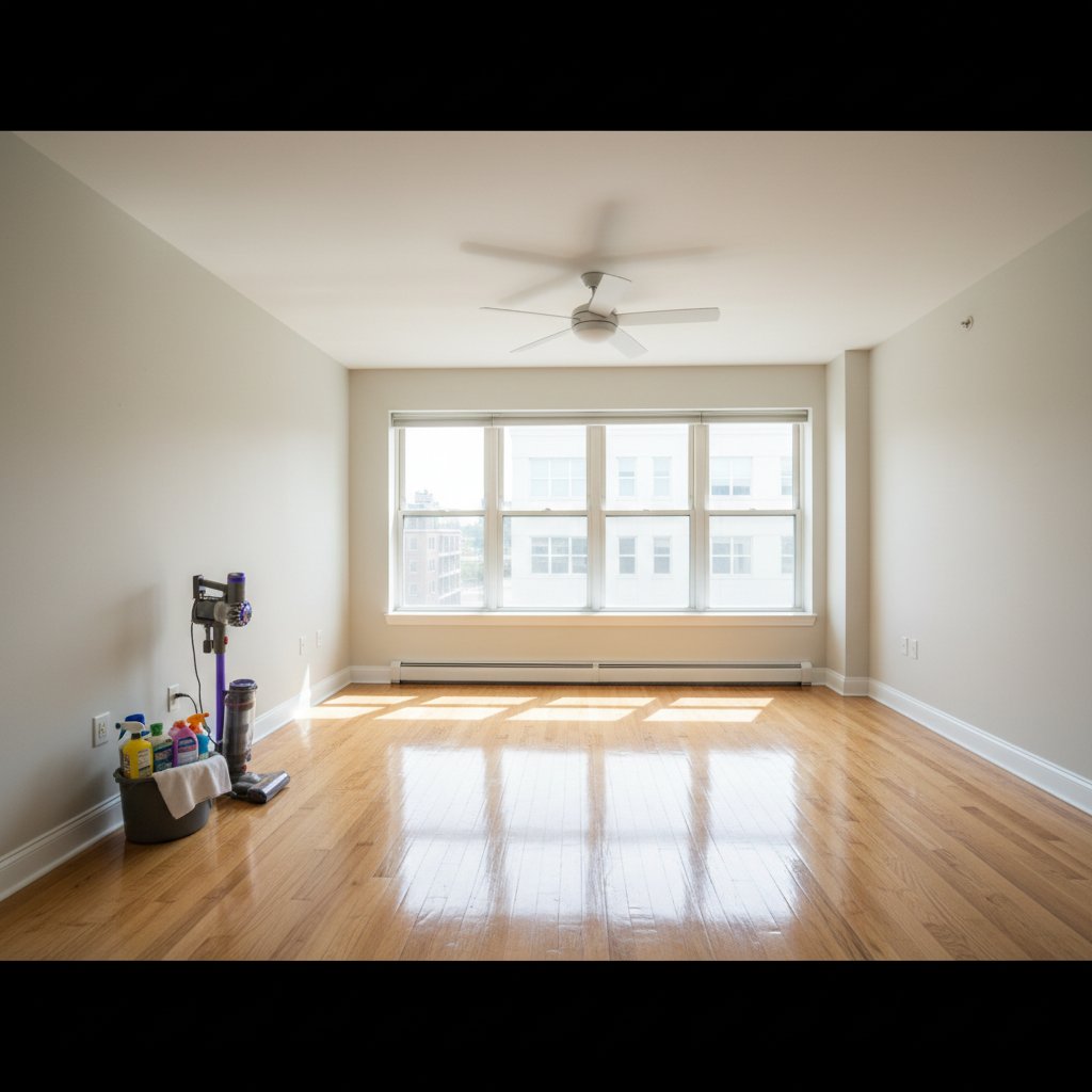Empty, freshly cleaned apartment with natural light streaming through clean windows