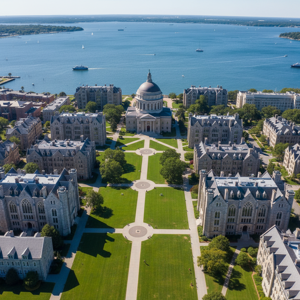 Aerial view of United States Naval Academy campus in Annapolis Maryland with Chesapeake Bay in background