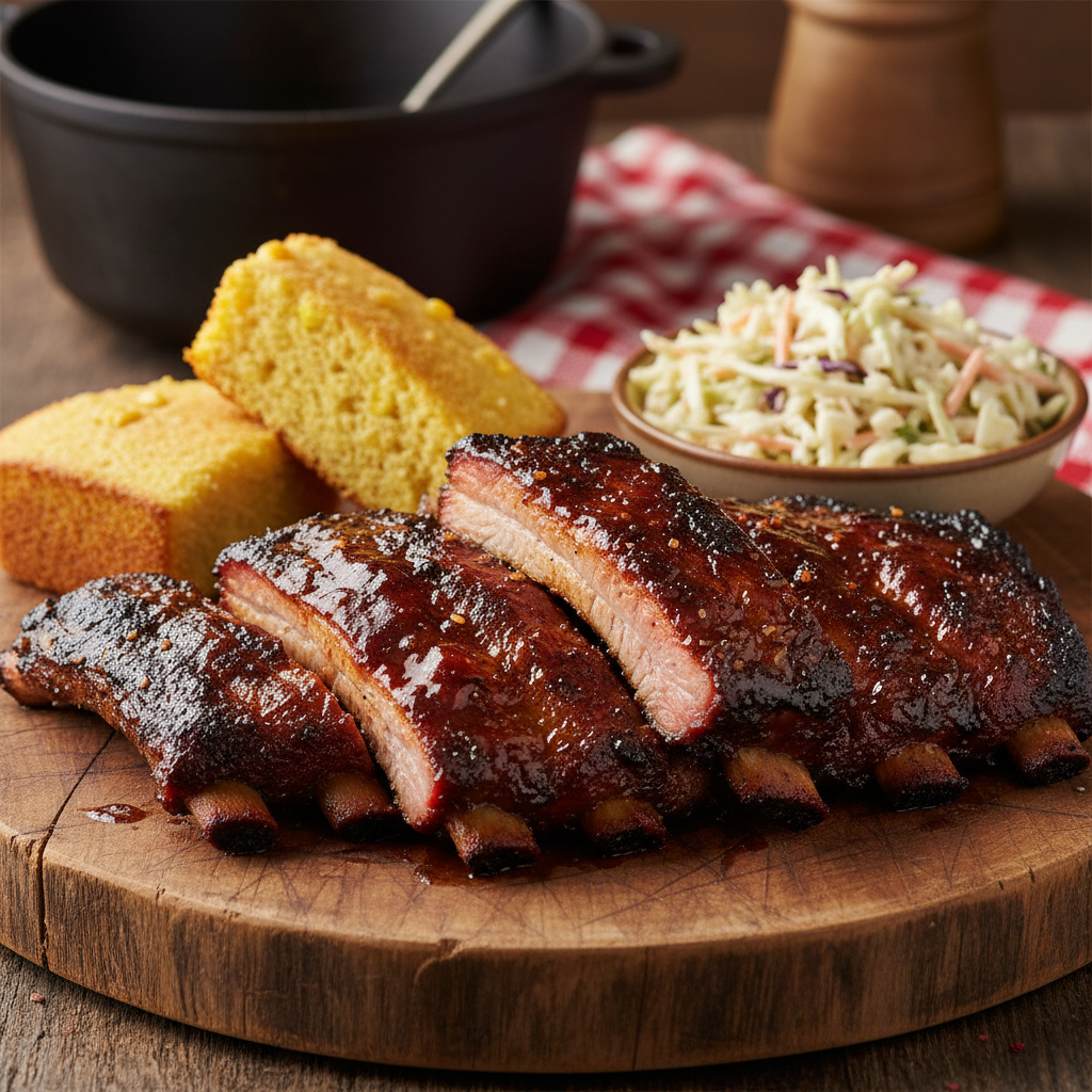Smoked BBQ ribs with coleslaw and cornbread on a rustic wooden board, warm golden light