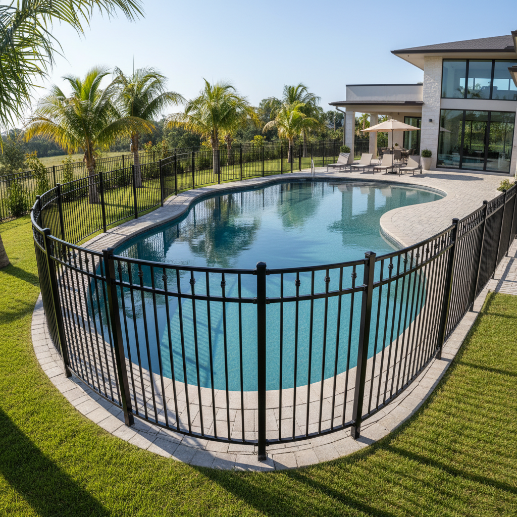 Aluminum and glass pool fence balustrade around infinity pool, coastal home, ocean view, clear blue sky, bright daylight