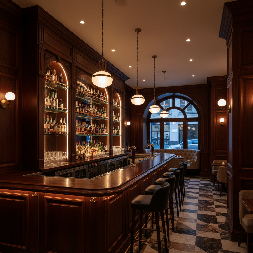 Casa Bianca restaurant bar area, bespoke commercial fit-out by Biba Construction, dark wood panelling and atmospheric lighting