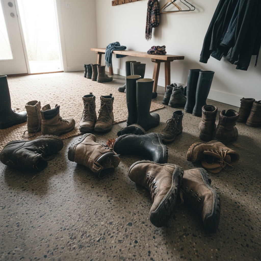 Mudroom entrance with scattered boots and no styling