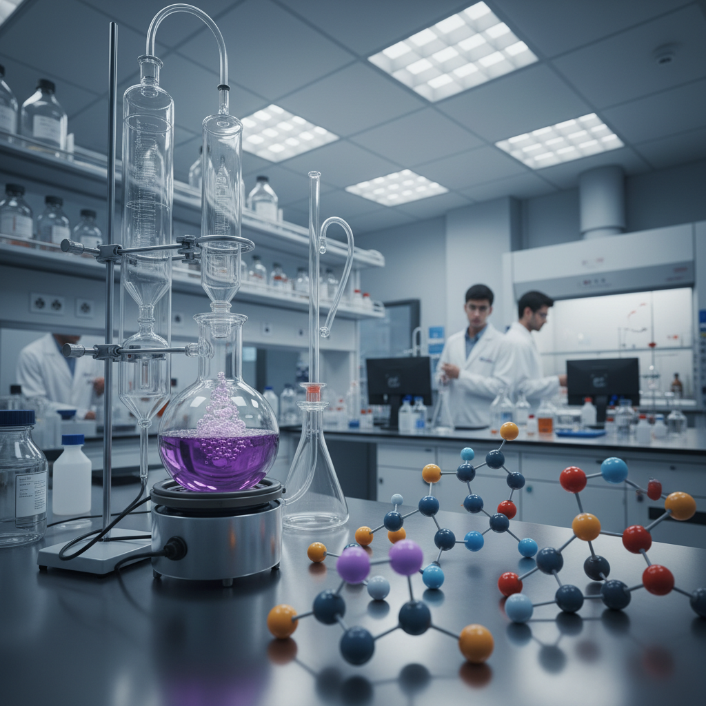 Chemistry laboratory beakers with colored solutions, dim blue atmospheric lab lighting