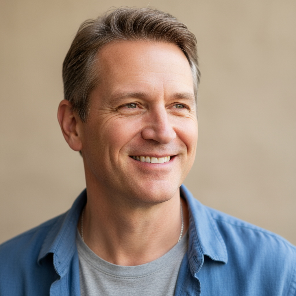 Athletic male wellness coach in bright gym environment with natural light, warm approachable expression