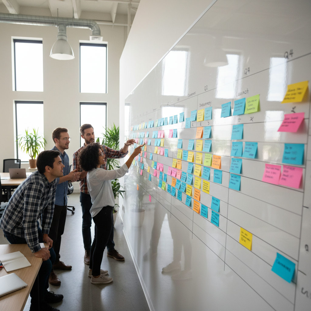 Startup team working on MVP development with code on screens and product roadmap on whiteboard