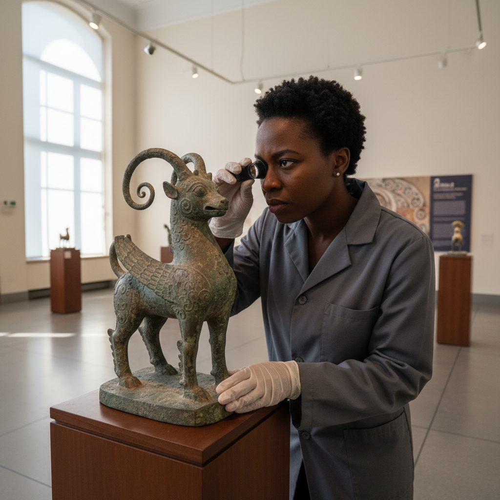 Conservateur africain examinant une sculpture en bronze ancienne dans une salle lumineuse du musée