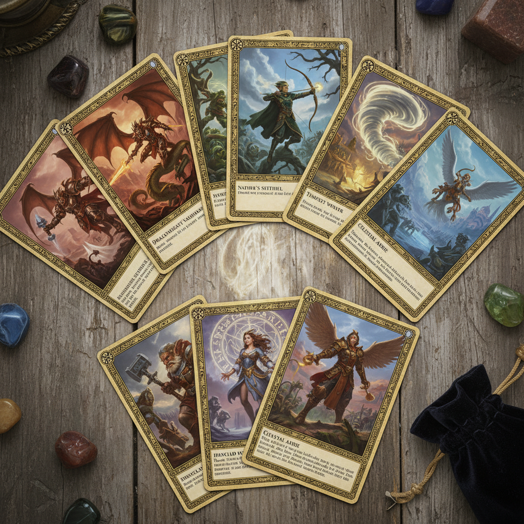 Magic The Gathering cards fanned out showing intricate fantasy artwork