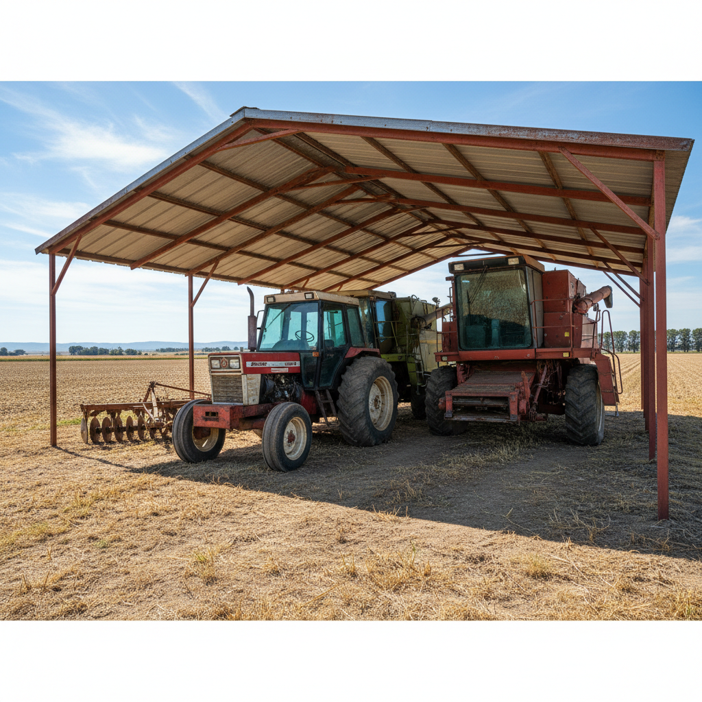 Farm tractor and equipment stored under a large steel carport structure in a rural field