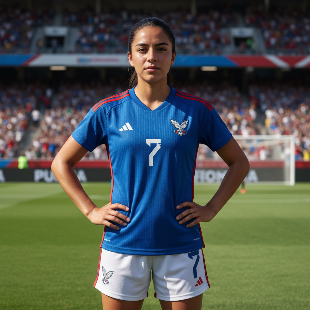 Young Latina female soccer player Sofia Martínez in national team kit, determined look