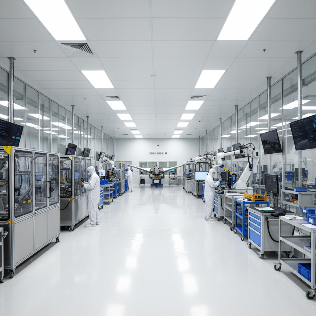 Modern aerospace manufacturing facility with CNC machines and clean industrial environment