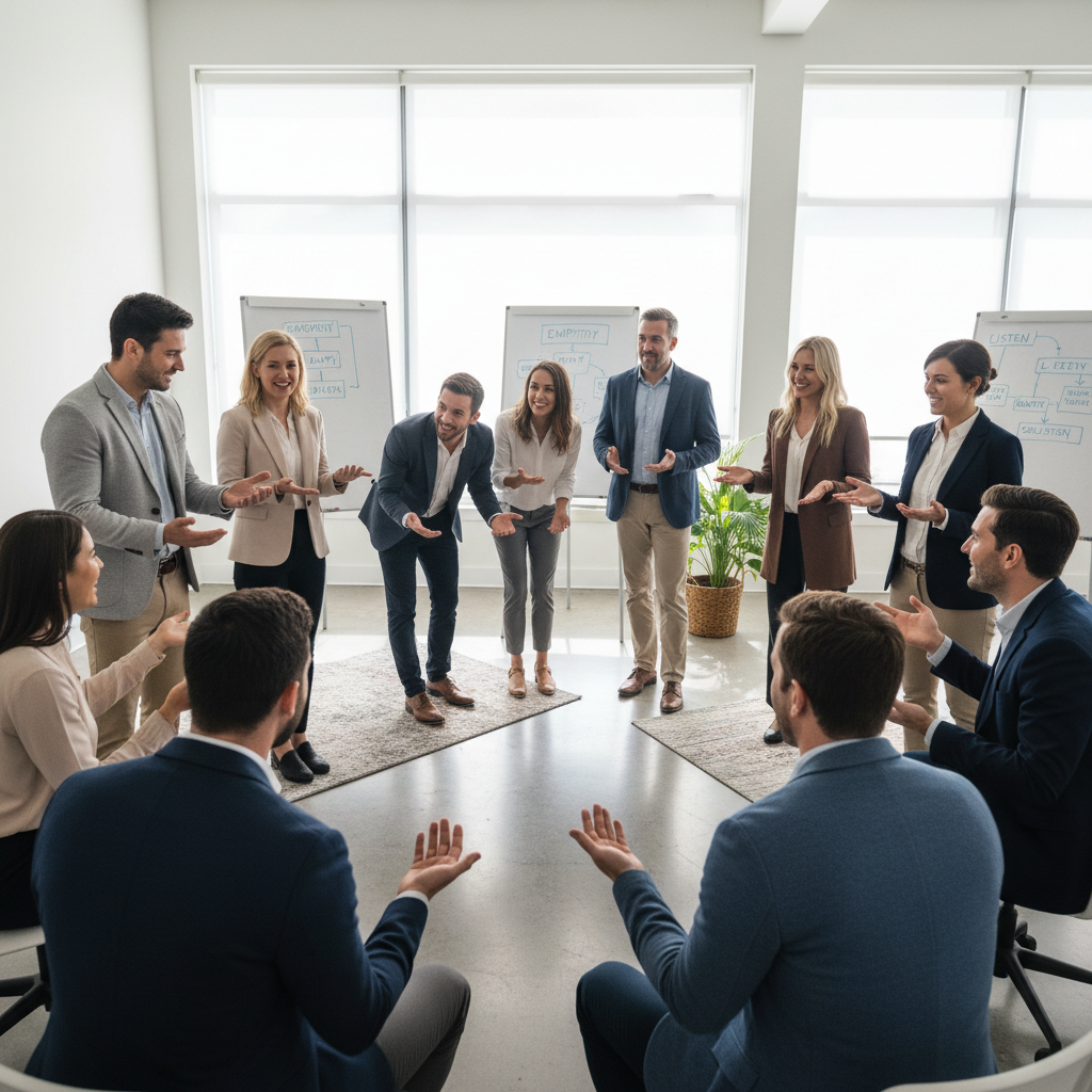 Business leader addressing a team in a bright modern office environment