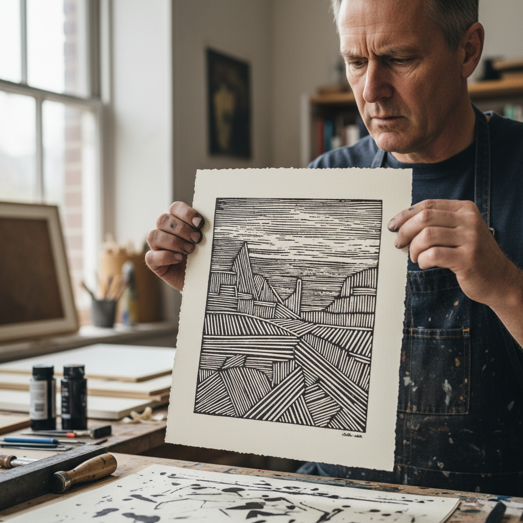 Sven Eriksson, Swedish printmaker examining freshly printed linocut artwork