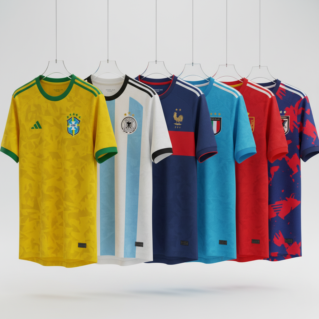 Camisas de futebol coloridas penduradas em cabides, diversas cores e times