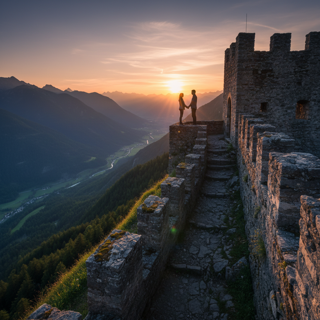 Couple standing at edge of dramatic mountain vista, golden hour light, deep valley below, silhouetted against luminous sky