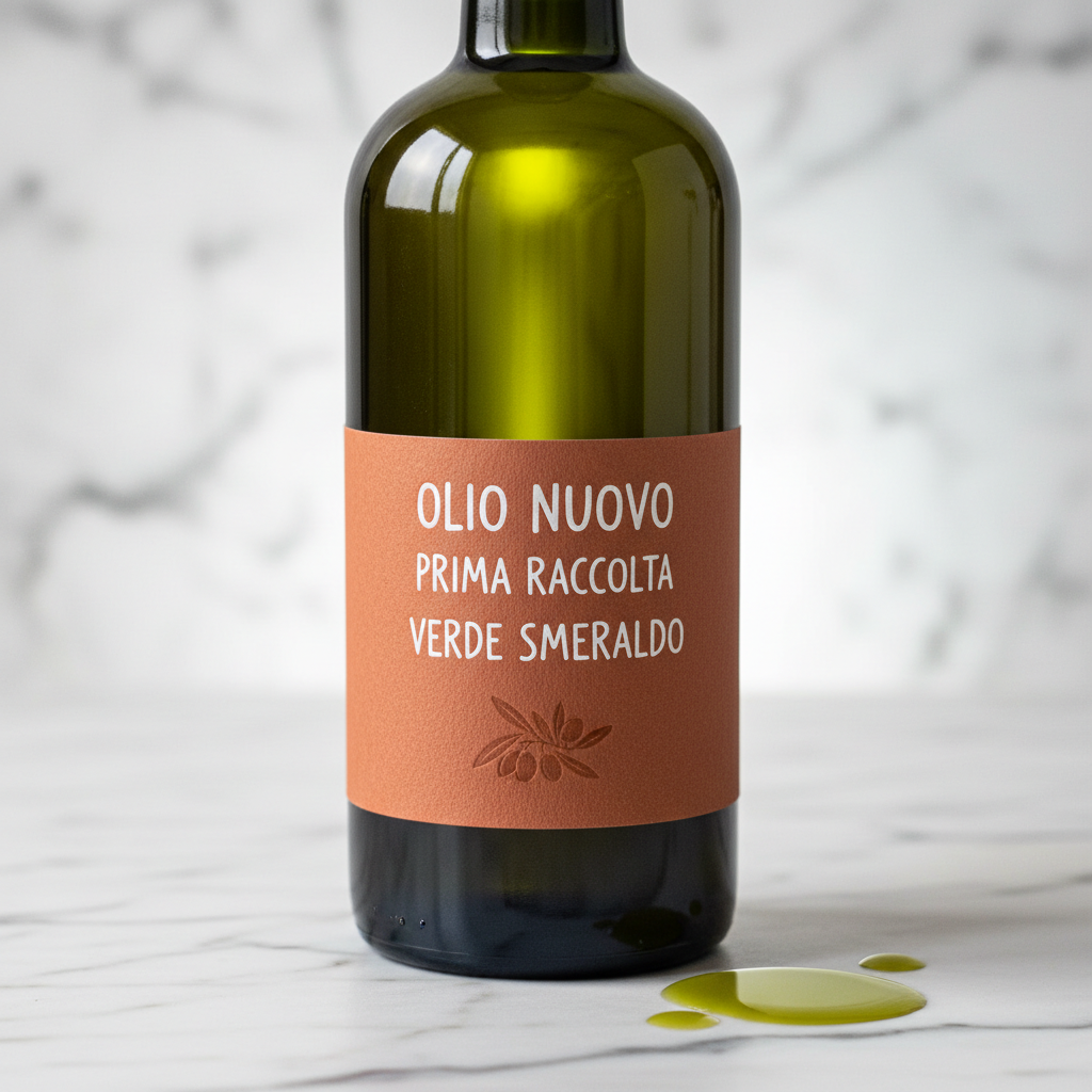 Emerald green early-harvest olive oil in a dark glass bottle with terracotta label on marble