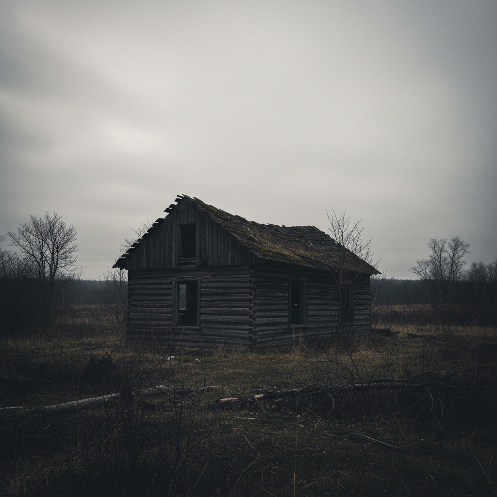 Phone snapshot of a log cabin, dark and unflattering
