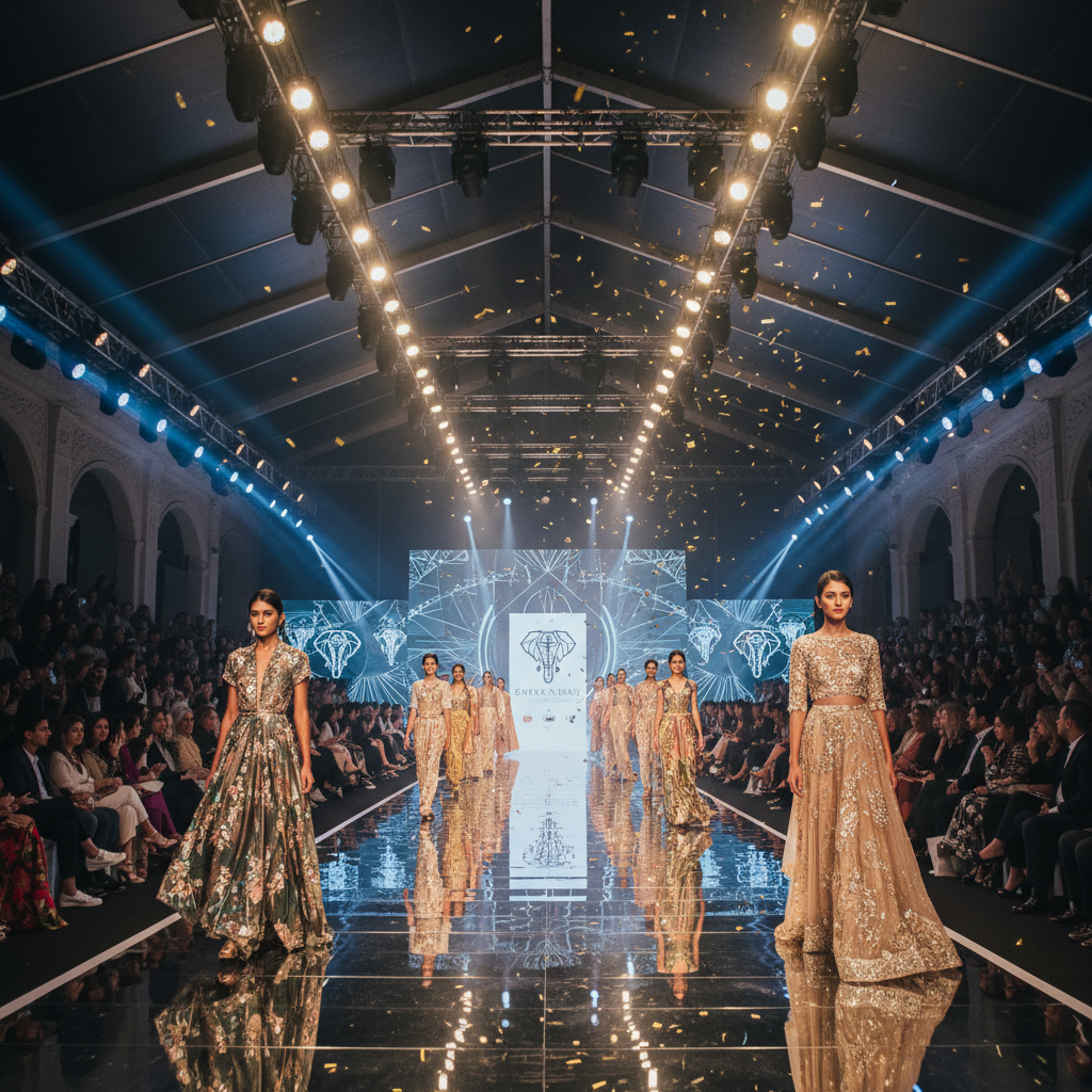 High-end couture factory in Mumbai with skilled tailors hand-finishing luxury evening gowns and formal wear
