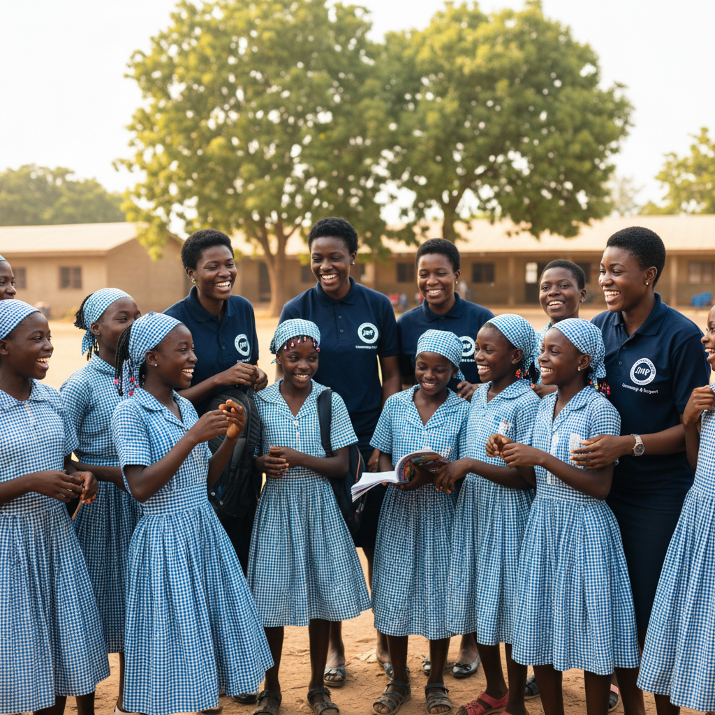 Nigerian schoolgirls in uniforms smiling with JJHF volunteers in branded polo shirts