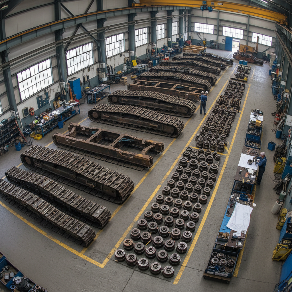 Excavator undercarriage track frames and rollers disassembled and laid out in organized rows in a workshop