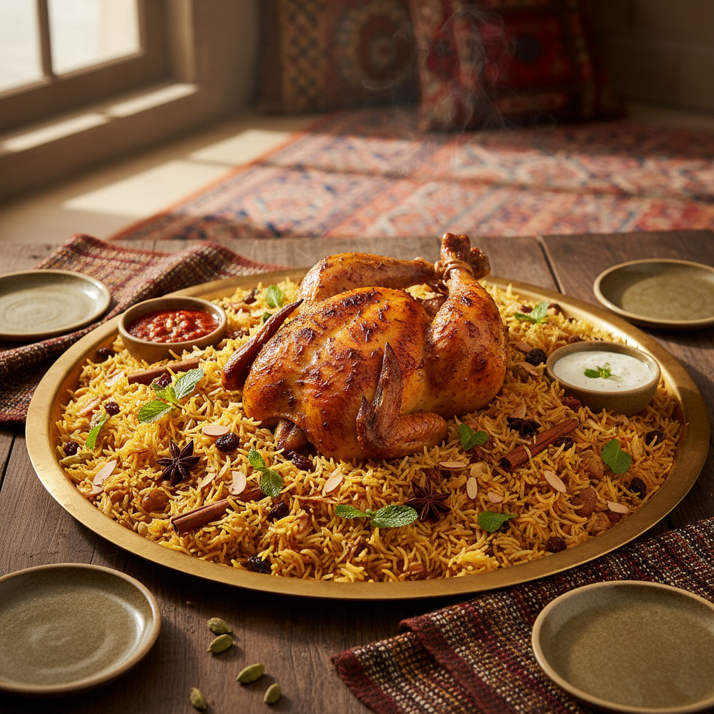 Royal mixed mandi platter with lamb and chicken on saffron basmati rice, family feast presentation