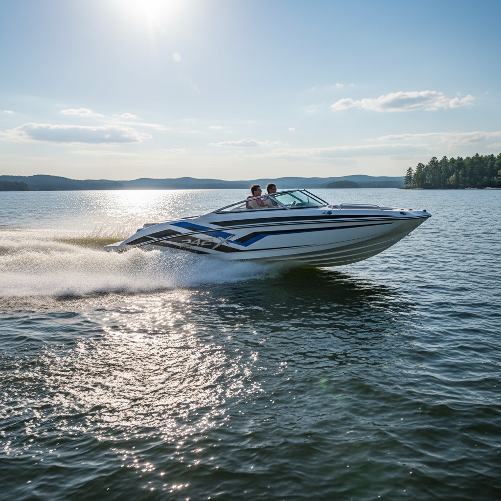 Yamaha 242X E-Series jet boat sold, sporty white hull at speed on lake