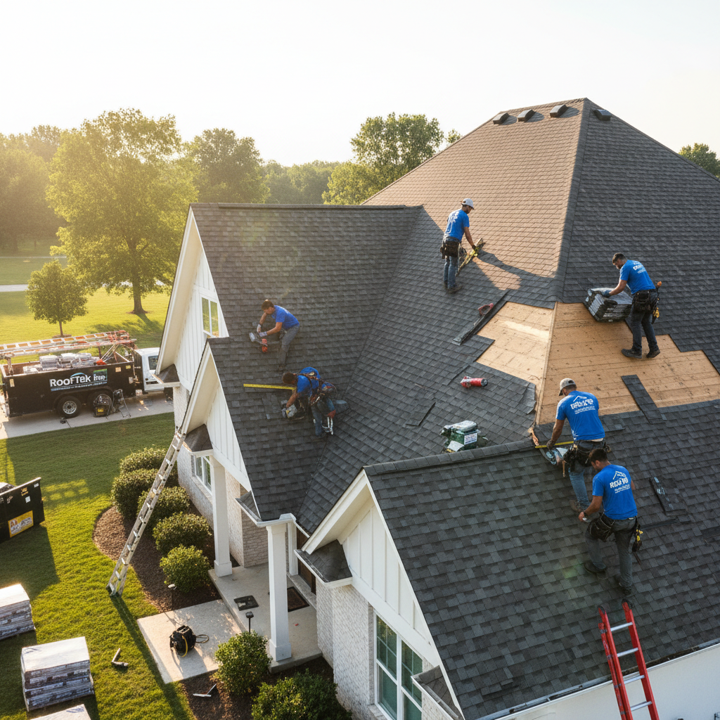Professional roofing crew working together on residential roof, Charlotte NC, team coordination on shingle installation