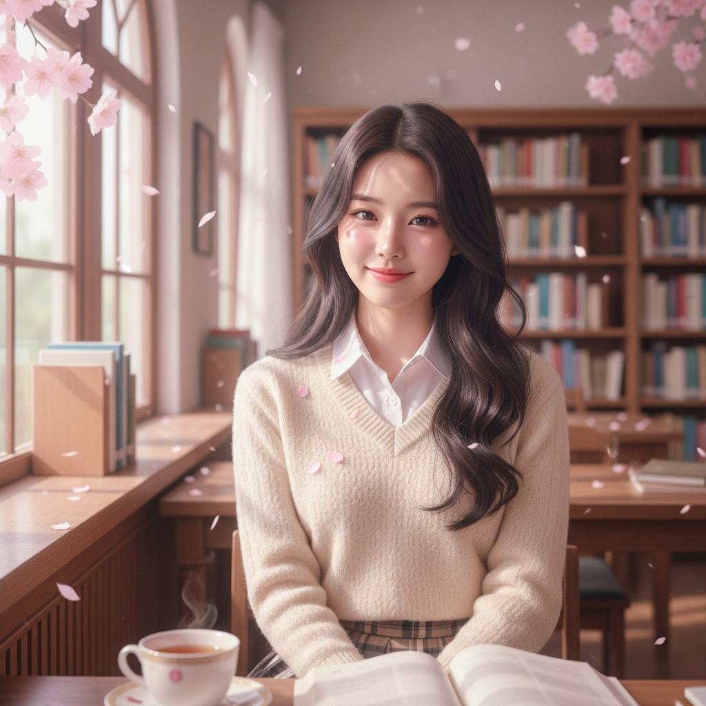 Cute Korean aesthetic girl in school library with cherry blossom light, soft dreamy romantic atmosphere