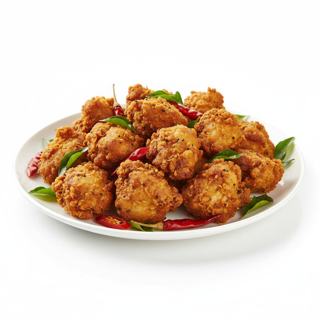 Bright red spiced chicken 65 with curry leaves and lemon