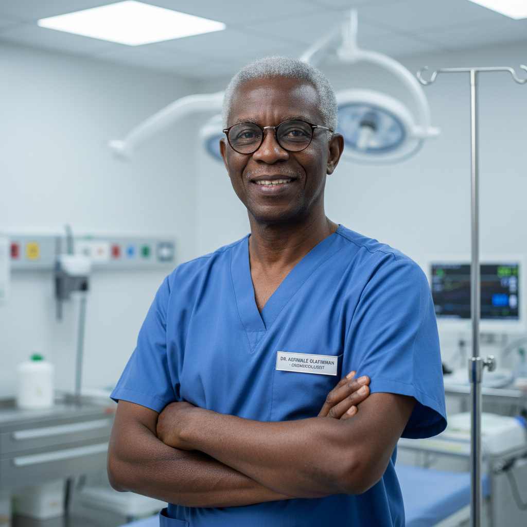 Nigerian male doctor in white coat, hospital corridor, professional healthcare setting
