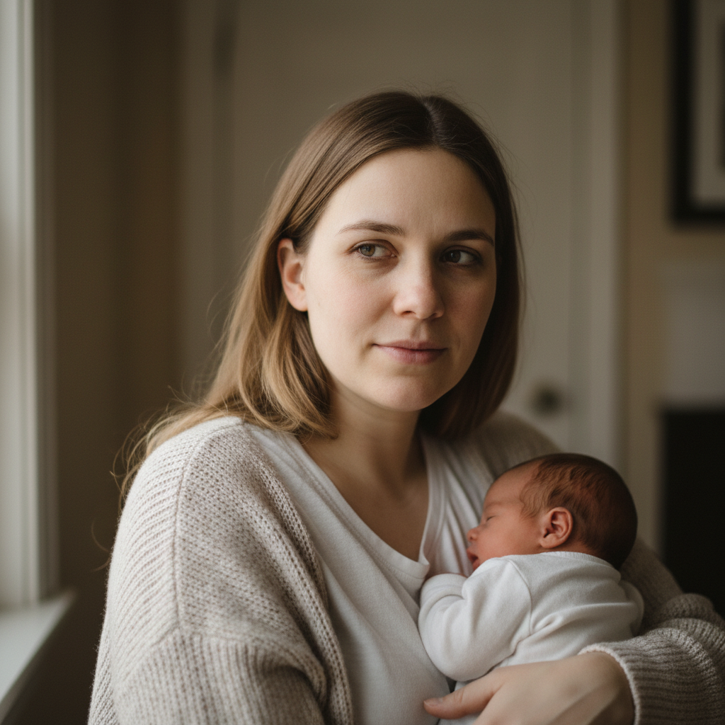 Young mother holding a newborn, looking exhausted and emotional