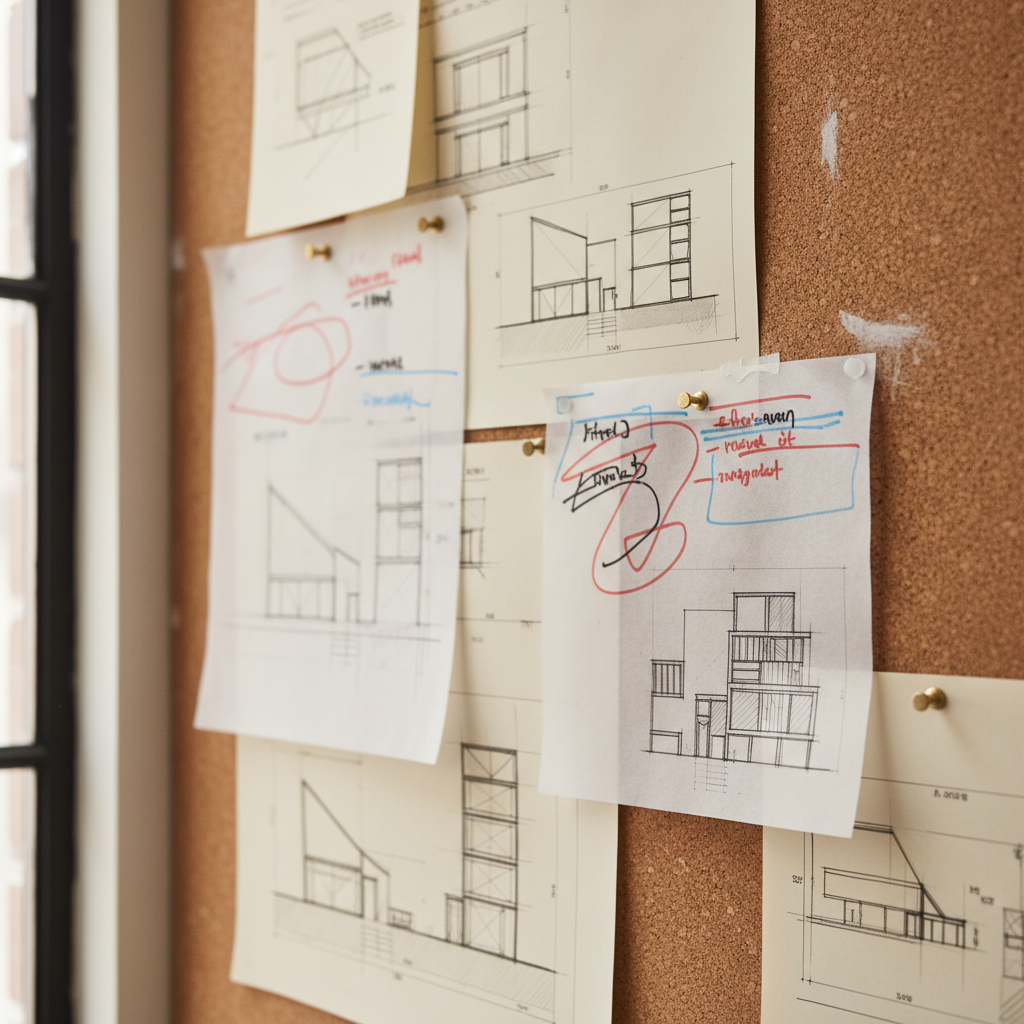 Close-up of architectural sketches and trace paper pinned to a cork wall at Atelier studio