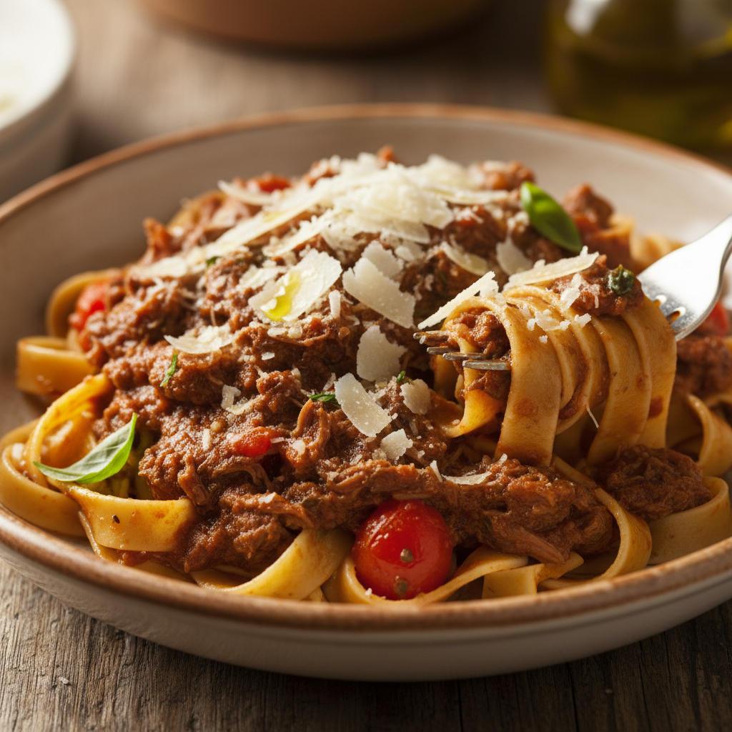 Wide pappardelle pasta with rich dark meat ragù sauce and fresh herb garnish