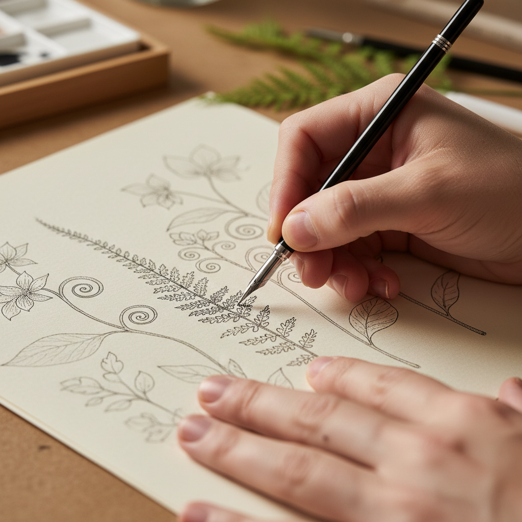 Artist's hands sketching detailed botanical illustration with fine liner pen on textured paper in warm studio light