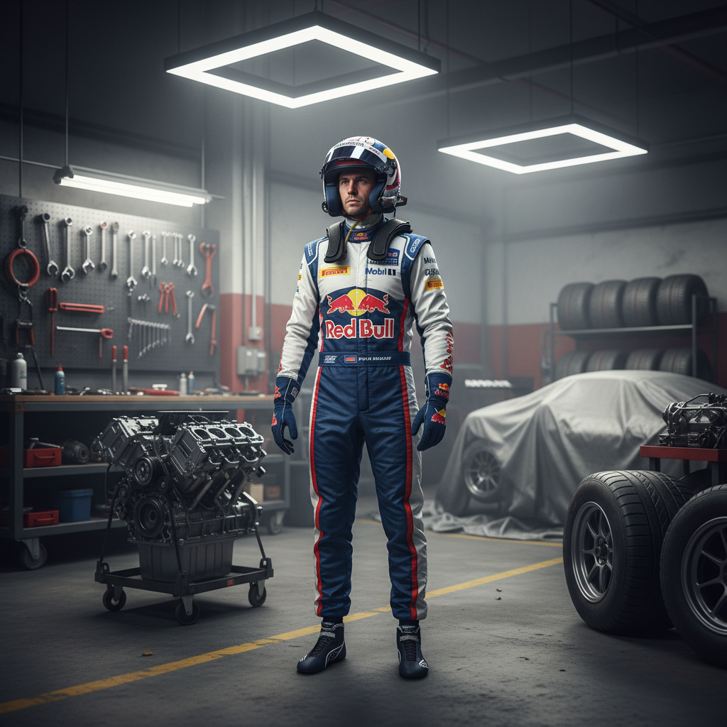 Professional sim racing expert and builder, confident pose, motorsport workshop background
