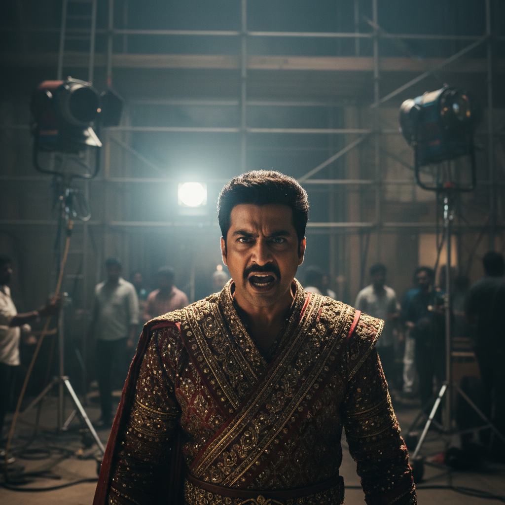 Cinematic Bollywood scene — dark atmospheric film set with dramatic directional lighting, deep shadows, moody amber tones, professional film production environment