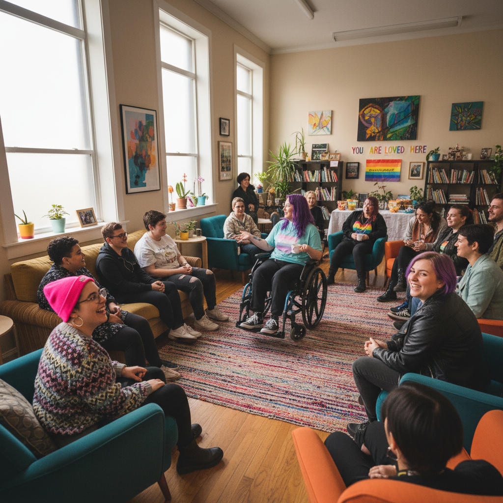 A vibrant, diverse group of adults with disabilities collaborating and celebrating achievements in a modern accessible community workshop space