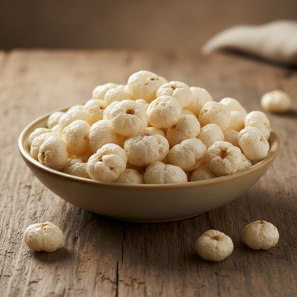 Heap of popped fox nuts makhana in a bowl with shallow depth of field