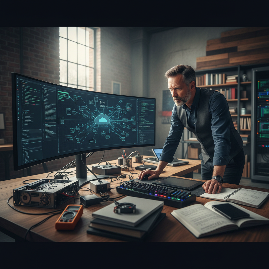 Abstract technology visualization with dark background, blue circuit patterns and data streams, deep shadows, moody atmospheric lighting