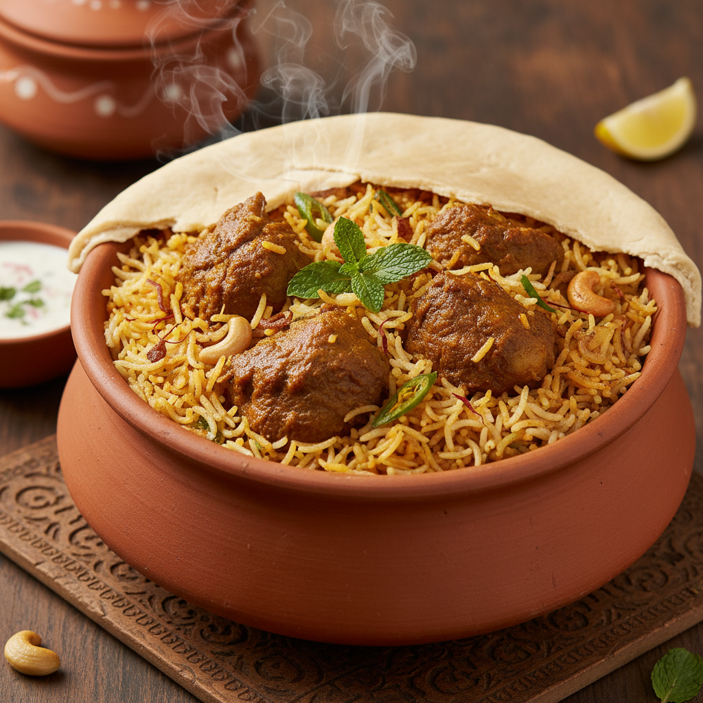 Rich mutton dum biryani with tender meat pieces, caramelized onions, and fragrant basmati rice