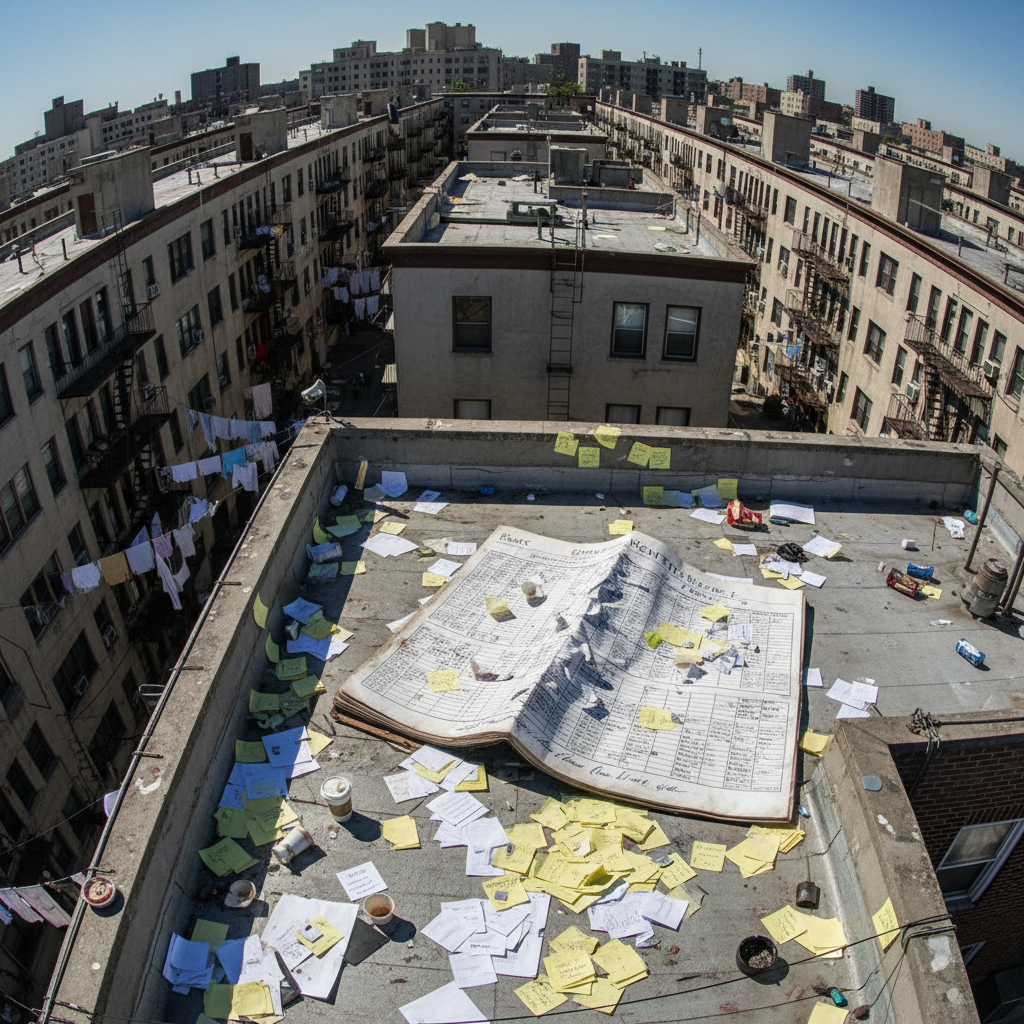 Grainy broker photo of apartment complex with scattered notes and messy rent roll