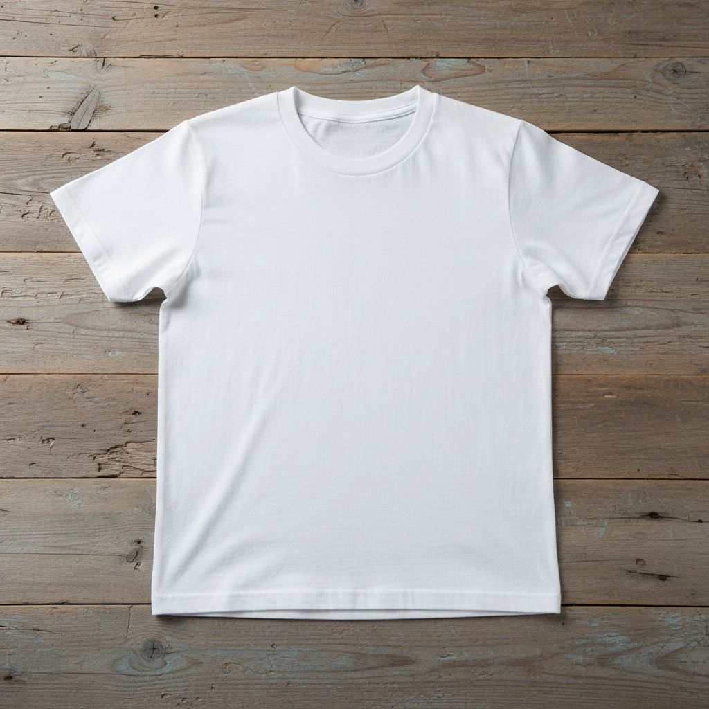 Clean white organic cotton t-shirt laid flat on light wooden surface, bright natural lighting