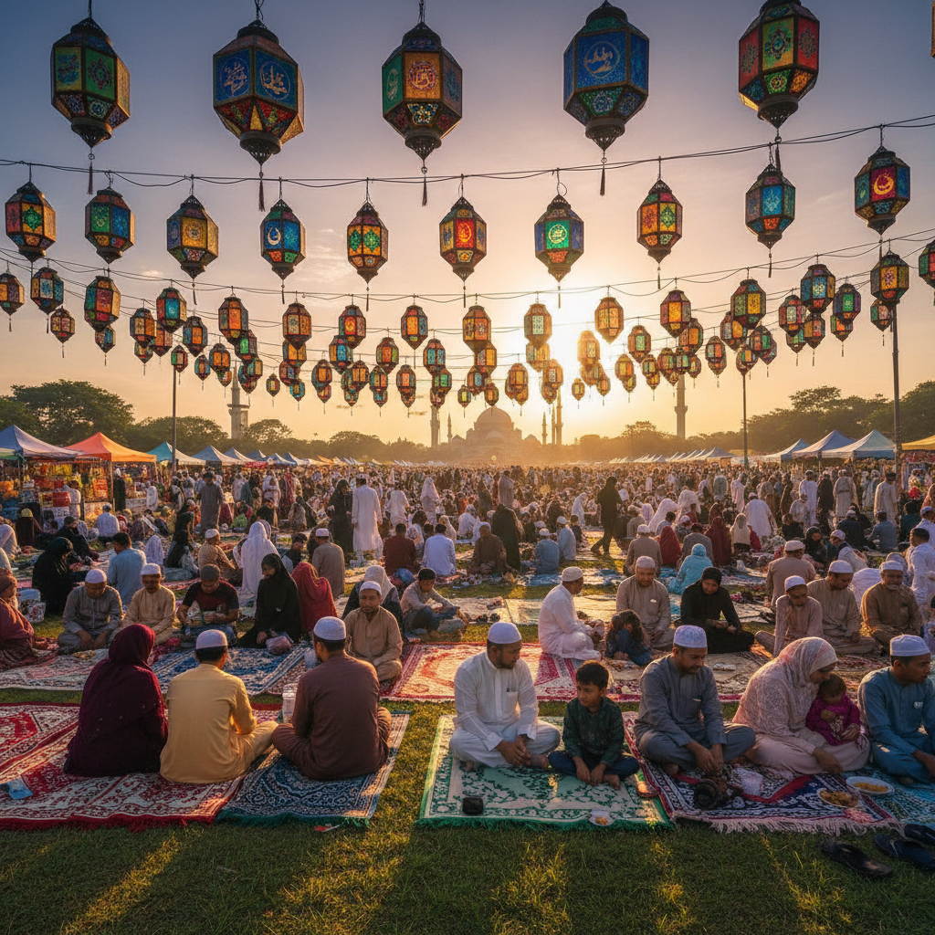 Large Eid celebration gathering with thousands of worshippers in an open field, colorful geometric lanterns strung overhead, families seated together in the evening light