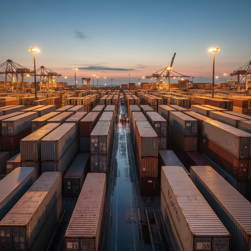 Cargo containers stacked at a port terminal at dawn, amber light catching metal edges