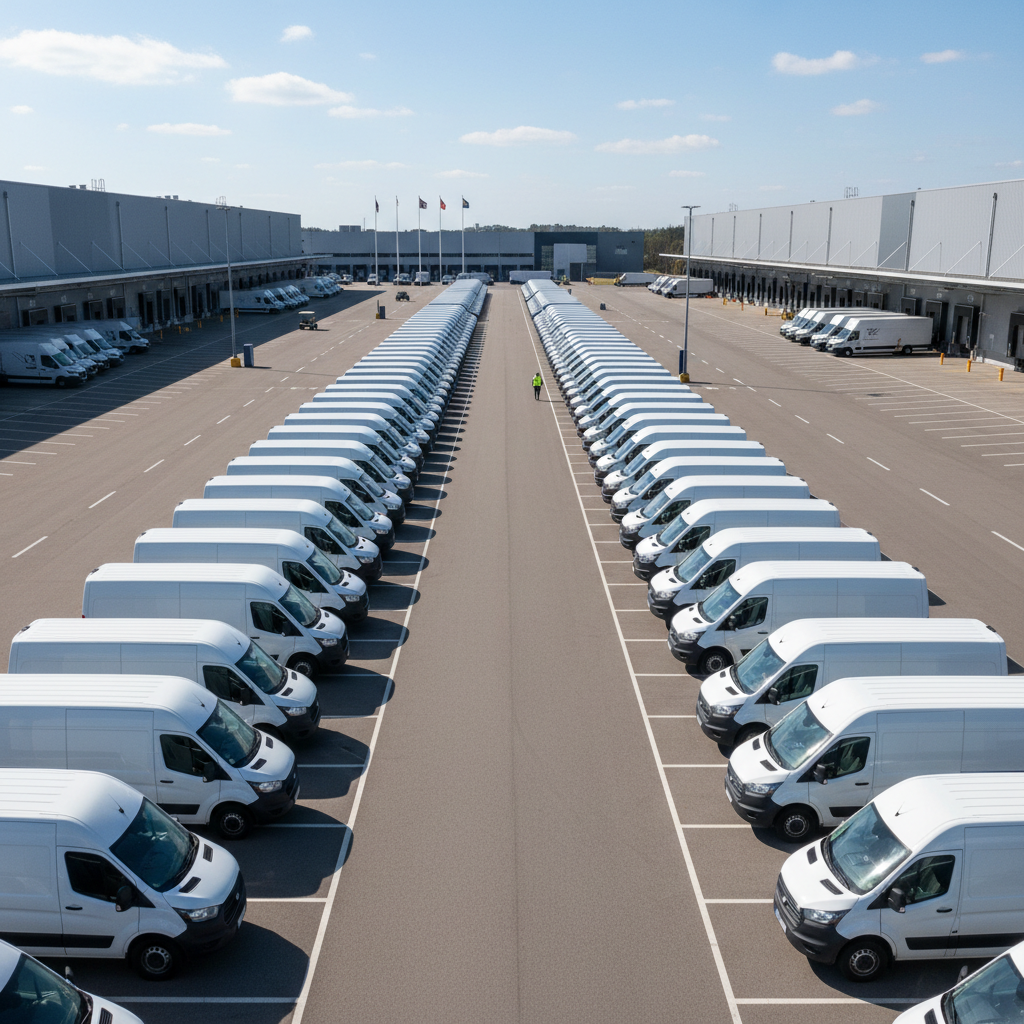 White delivery van fleet branded with company livery graphics parked in a row at a distribution center