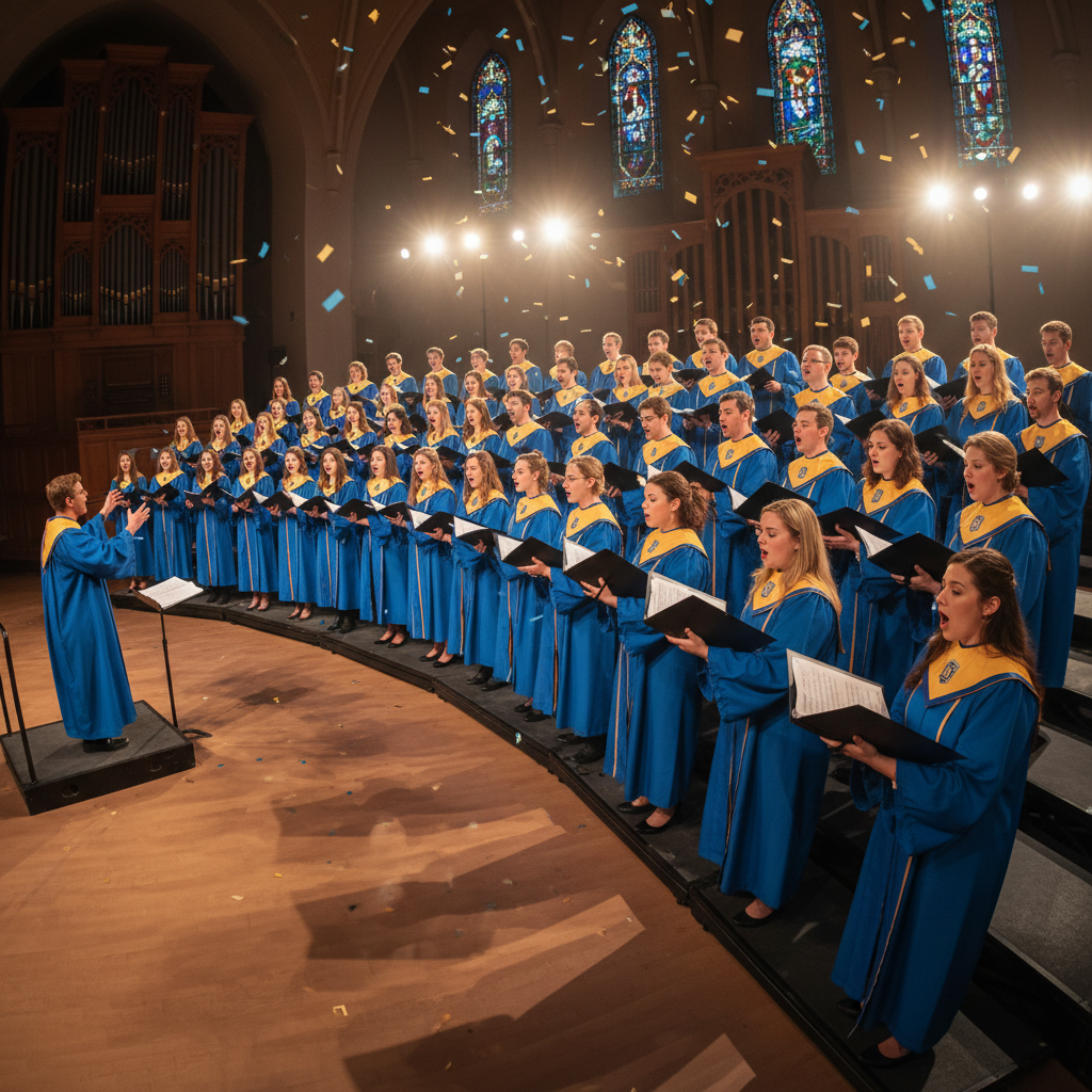 Children in blue choir robes singing joyfully on a bright stage with warm lighting