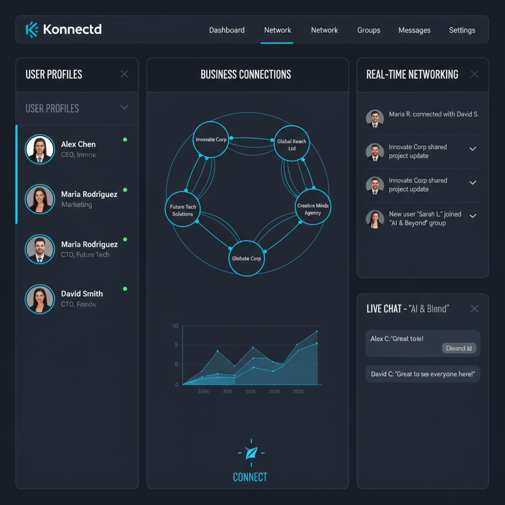 Konnectd platform dashboard showing business connections, user profiles, and real-time networking features