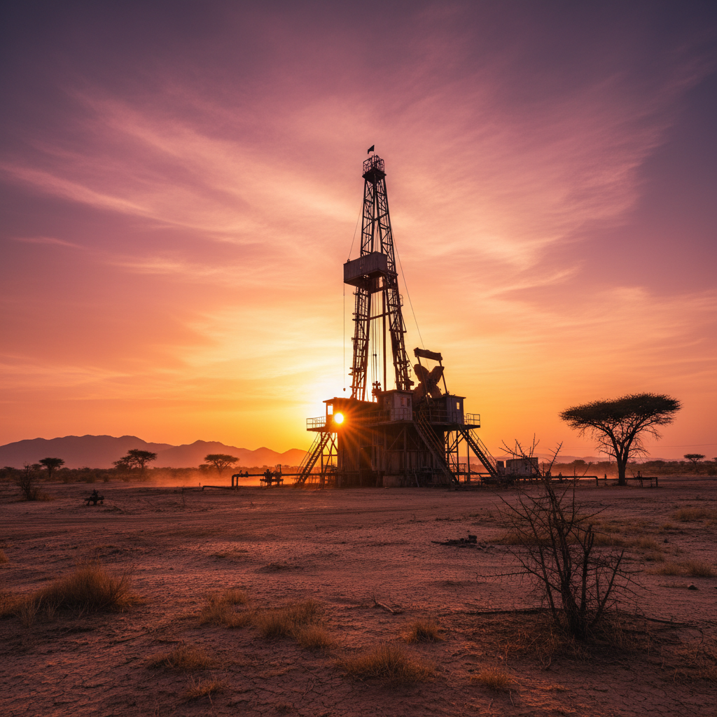 Drilling rig silhouetted against a vivid pink and orange Sahel dawn sky